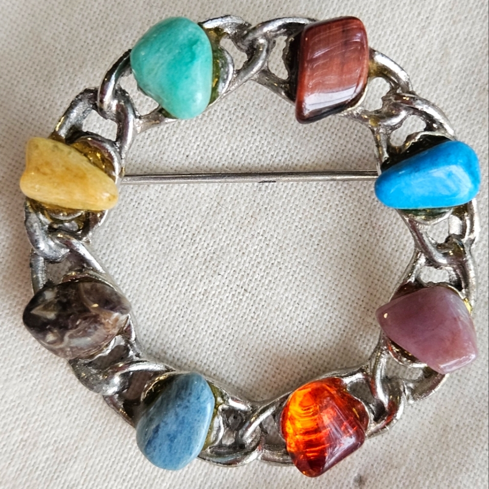 Natural Semi Precious Stone Wreath Brooch